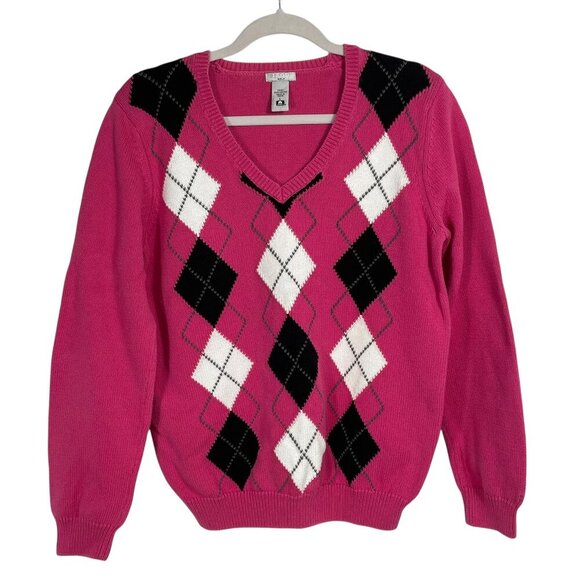 Izod Golf Vintage Argyle Sweater Pink 100% Cotton Long Sleeve Sporty Women Large - Picture 1 of 11